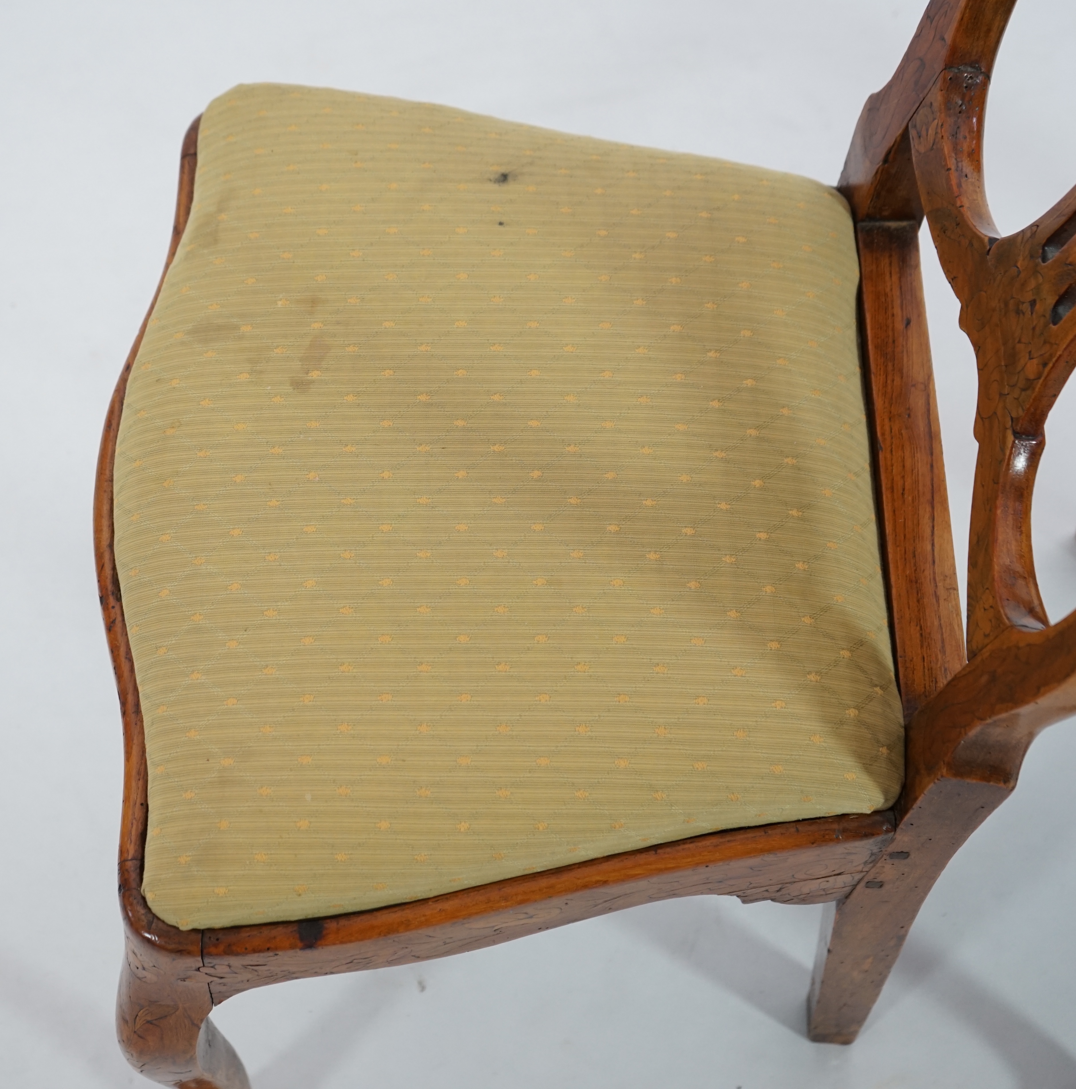 A set of six 18th century Dutch walnut and marquetry dining chairs